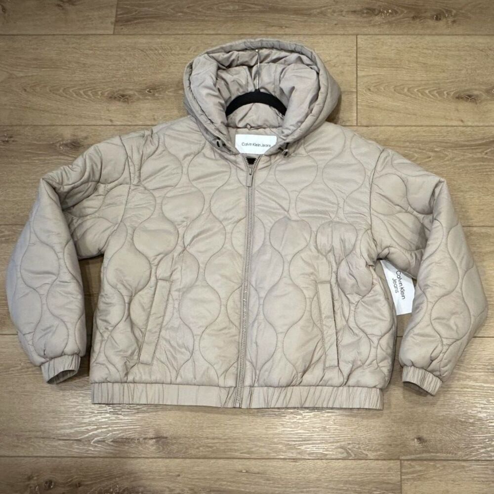 Calvin Klein Jeans Women's Quilted Puffer Bomber Jacket Khaki Tan XL NWT!